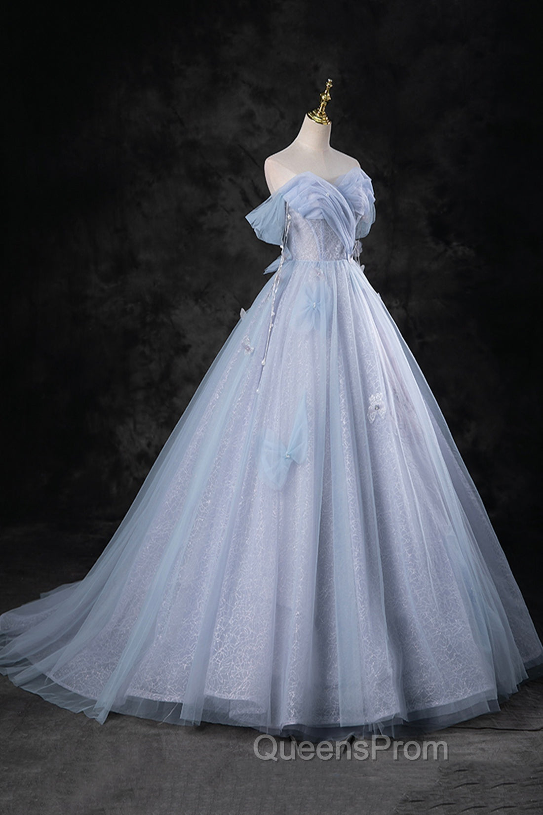 Blue Tulle Long A-Line Evening Prom Dress Party Dress, Beautiful Off the Shoulder Blue Evening Dress