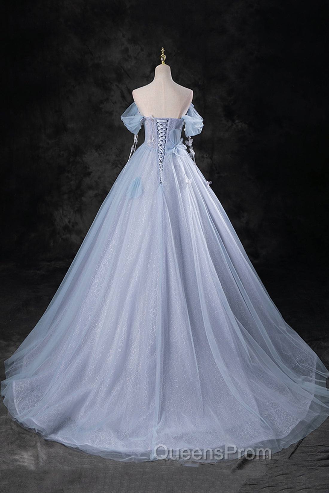 Blue Tulle Long A-Line Evening Prom Dress Party Dress, Beautiful Off the Shoulder Blue Evening Dress