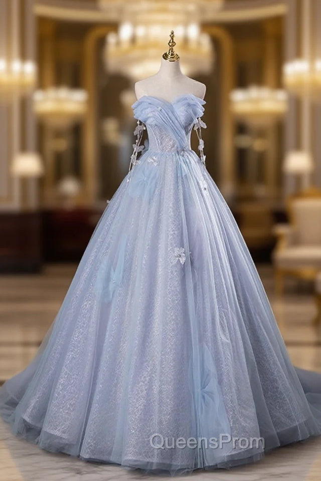 Blue Tulle Long A-Line Evening Prom Dress Party Dress, Beautiful Off the Shoulder Blue Evening Dress