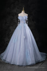 Blue Tulle Long A-Line Prom Dress Party Dress, Beautiful Off the Shoulder Blue Evening Dress