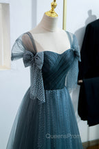 Blue Tulle Long A-Line Evening Prom Dress, Simple Sweetheart Neckline Evening Party Dress