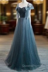 Blue Tulle Long A-Line Evening Prom Dress, Simple Sweetheart Neckline Evening Party Dress