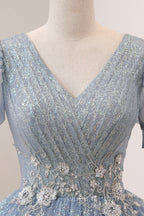 Blue Tulle Long A-Line Evening Prom Dress, V-Neck Short Sleeve Evening Dress