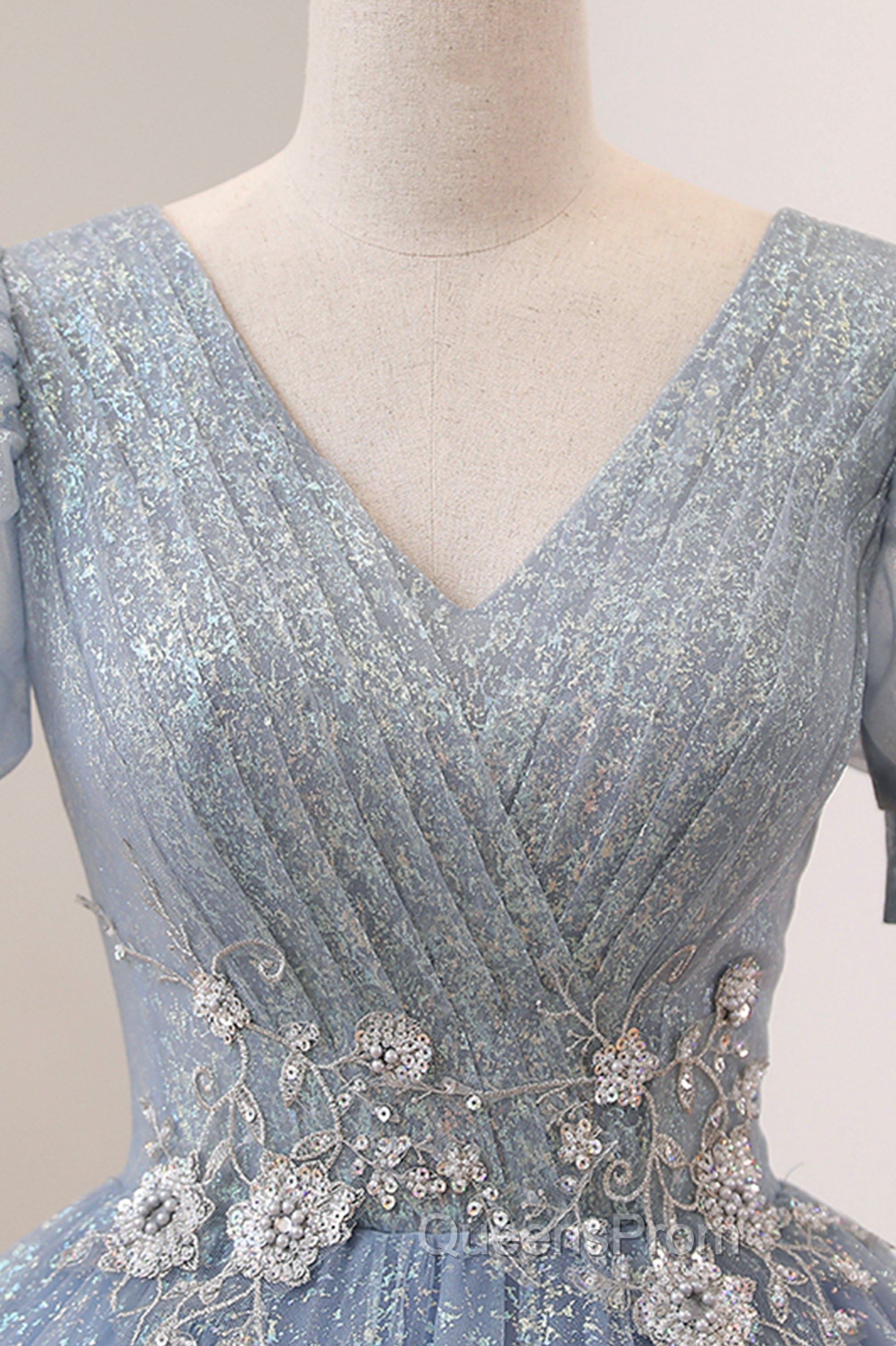 Blue Tulle Long A-Line Evening Prom Dress, V-Neck Short Sleeve Evening Dress