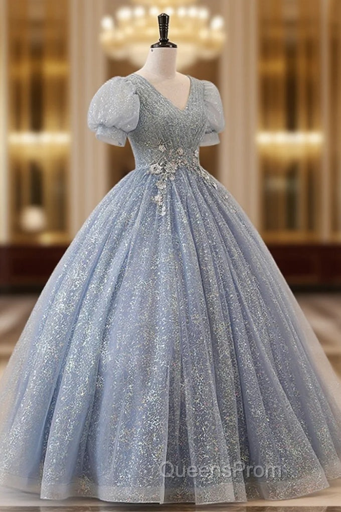 Blue Tulle Long A-Line Evening Prom Dress, V-Neck Short Sleeve Evening Dress Main image