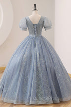 Blue Tulle Long A-Line Evening Prom Dress, V-Neck Short Sleeve Evening Dress