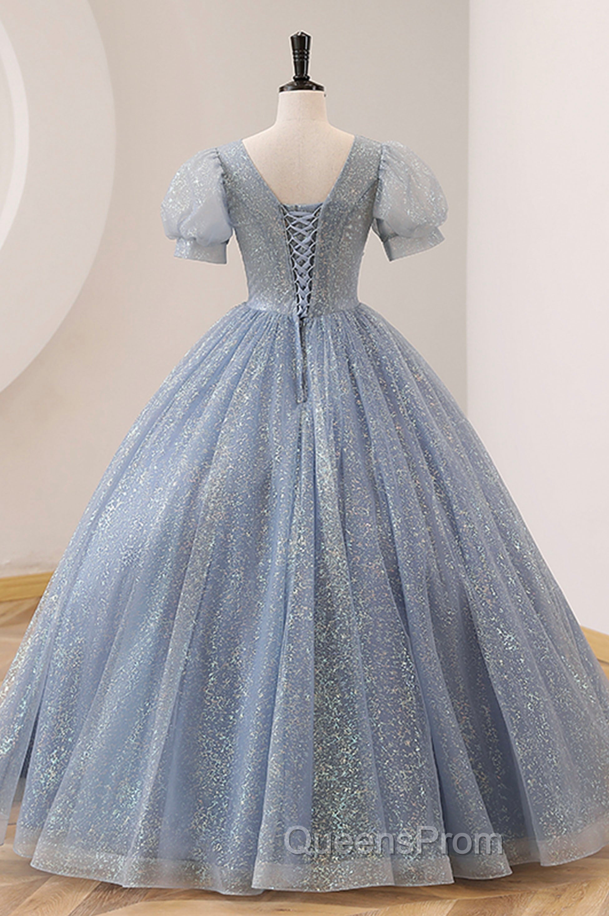 Blue Tulle Long A-Line Evening Prom Dress, V-Neck Short Sleeve Evening Dress