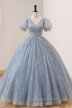 Blue Tulle Long A-Line Evening Prom Dress, V-Neck Short Sleeve Evening Dress