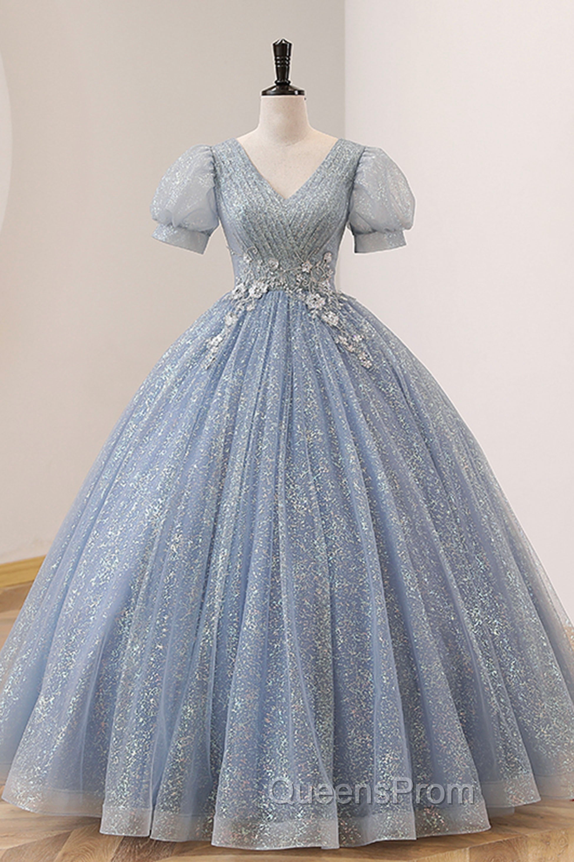 Blue Tulle Long A-Line Evening Prom Dress, V-Neck Short Sleeve Evening Dress