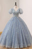 Blue Tulle Long A-Line Evening Prom Dress, V-Neck Short Sleeve Evening Dress