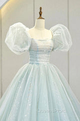 Blue Tulle Long A-Line Evening Prom Dress with Sequins, Lovely Puff Sleeve Evening Gown