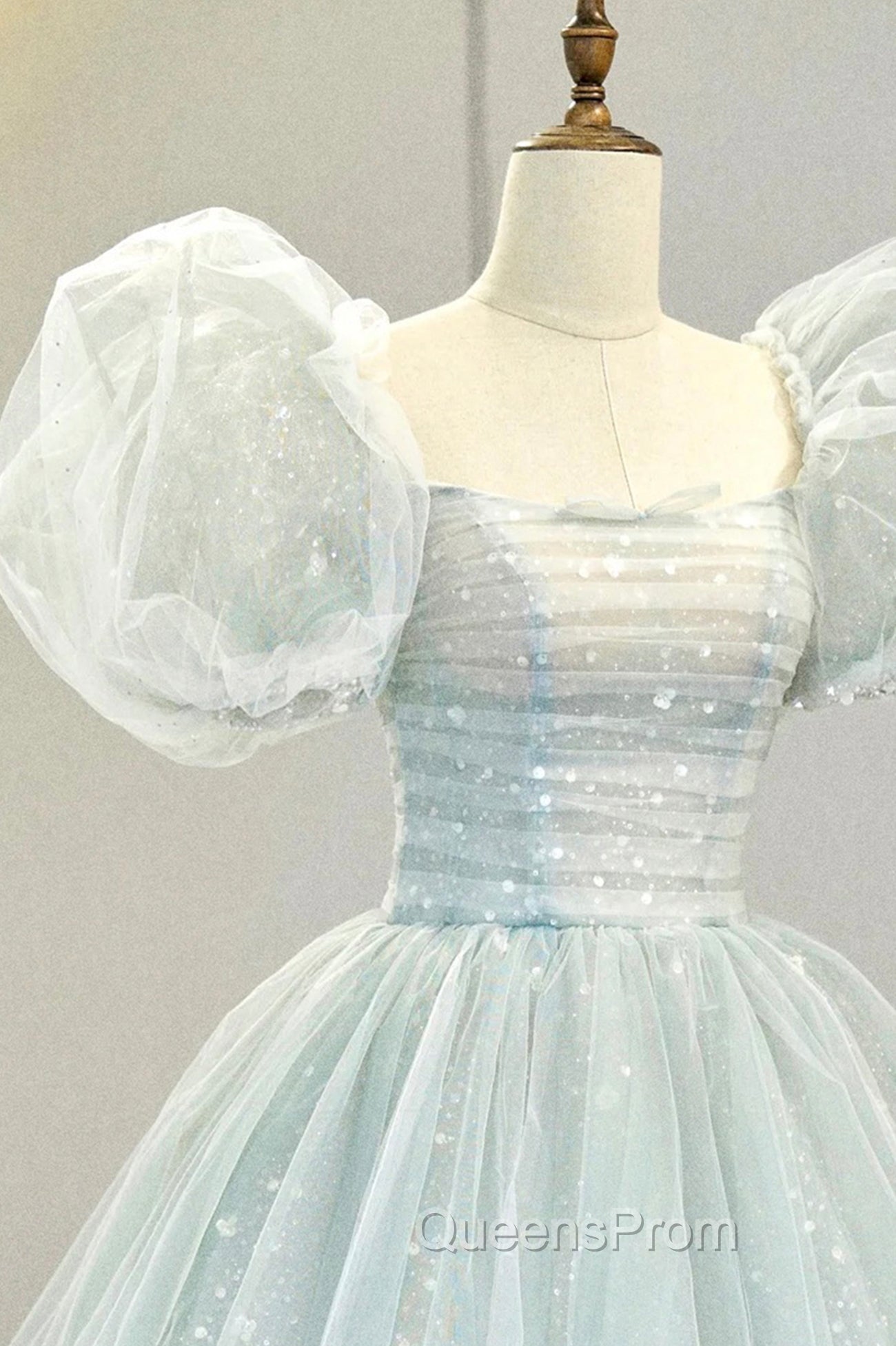Blue Tulle Long A-Line Evening Prom Dress with Sequins, Lovely Puff Sleeve Evening Gown