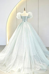 Blue Tulle Long A-Line Evening Prom Dress with Sequins, Lovely Puff Sleeve Evening Gown