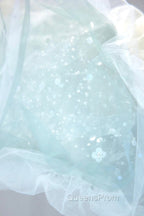 Blue Tulle Long A-Line Evening Prom Dress with Sequins, Lovely Puff Sleeve Evening Gown