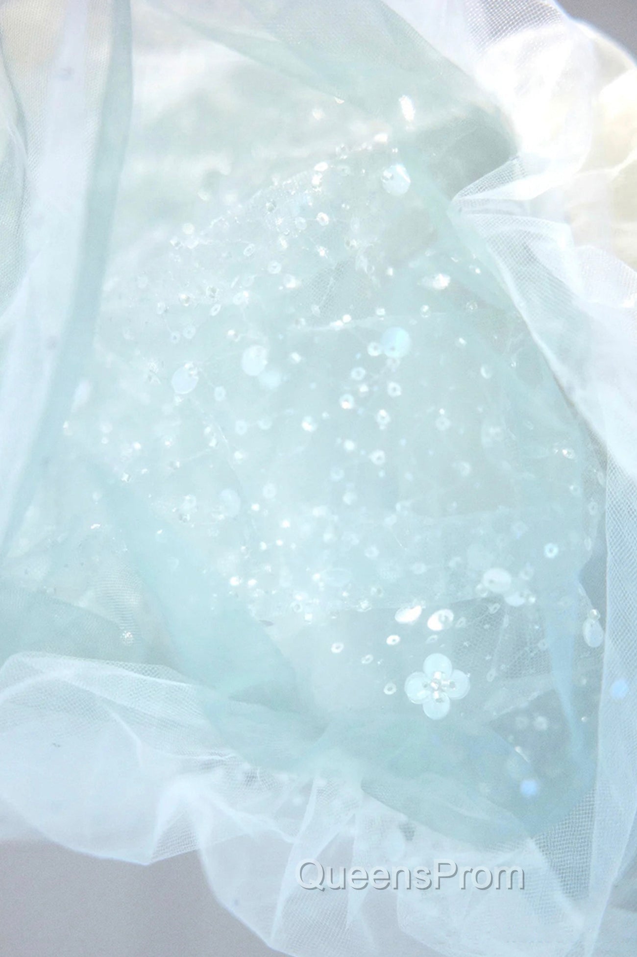 Blue Tulle Long A-Line Evening Prom Dress with Sequins, Lovely Puff Sleeve Evening Gown