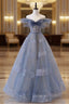 Blue Tulle Long A-Line Evening Prom Dress