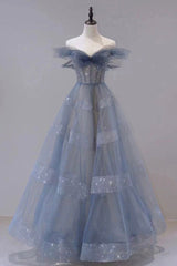 Blue Tulle Long A-Line Prom Dress