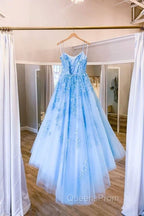 Blue Tulle Long Backless A Line Evening Prom Dress Evening Dress