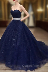 Blue Tulle Long Evening Gown Party Dress, Navy Blue Sweet 16 Gown
