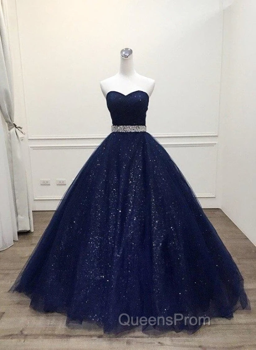 Blue Tulle Long Evening Gown Party Dress, Navy Blue Sweet 16 Gown Main image