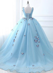 Blue Tulle Long Party Dress With Butterfly, Gorgeous Sweet 16 Dress