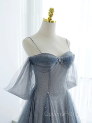 Blue Tulle Long Evening Prom Dress, A-Line Off The Shoulder Blue Evening Party Dress