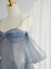 Blue Tulle Long Evening Prom Dress, A-Line Off The Shoulder Blue Evening Party Dress