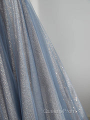 Blue Tulle Long Evening Prom Dress, A-Line Off The Shoulder Blue Evening Party Dress