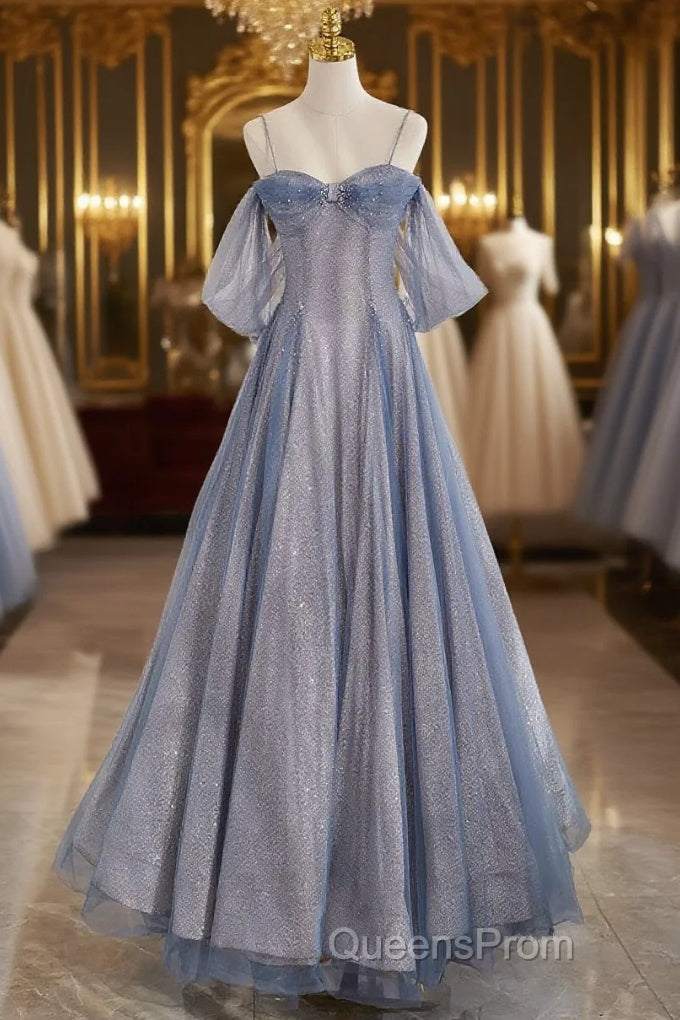 Blue Tulle Long Evening Prom Dress, A-Line Off The Shoulder Blue Evening Party Dress Main image