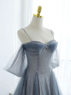 Blue Tulle Long Classy Prom Dress A-Line Off The Shoulder Classy Evening Party Dress