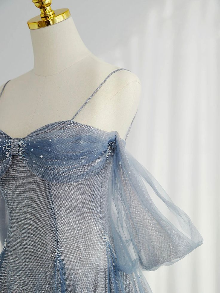Blue Tulle Long Classy Prom Dress A-Line Off The Shoulder Classy Evening Party Dress