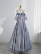 Blue Tulle Long Classy Prom Dress A-Line Off The Shoulder Classy Evening Party Dress