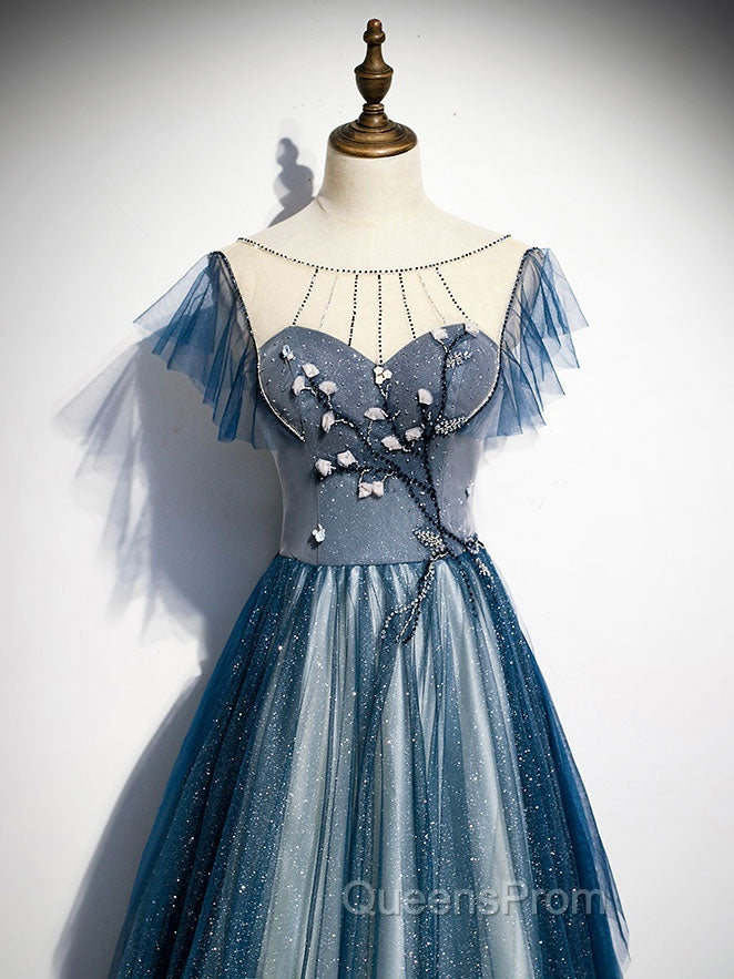Blue Tulle Long Evening Prom Dress, Blue Beads Long Evening Dress