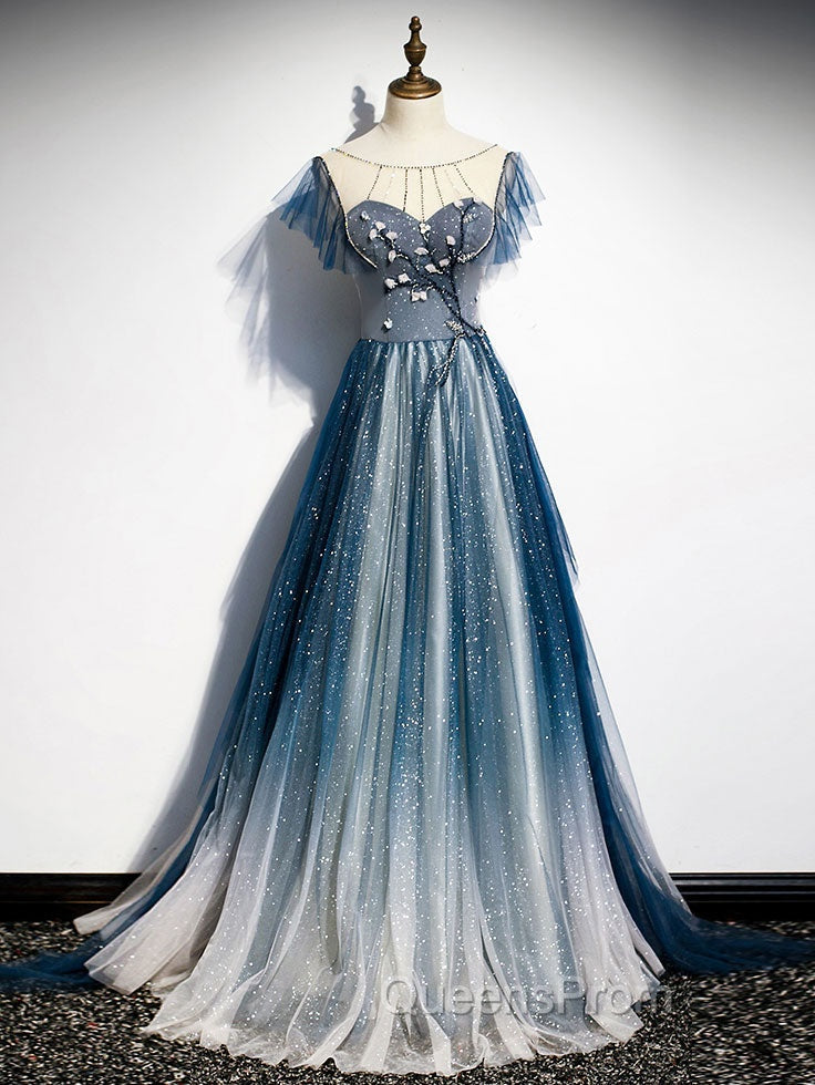 Blue Tulle Long Evening Prom Dress, Blue Beads Long Evening Dress