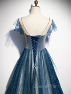 Blue Tulle Long Evening Prom Dress, Blue Beads Long Evening Dress