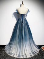 Blue Tulle Long Evening Prom Dress, Blue Beads Long Evening Dress