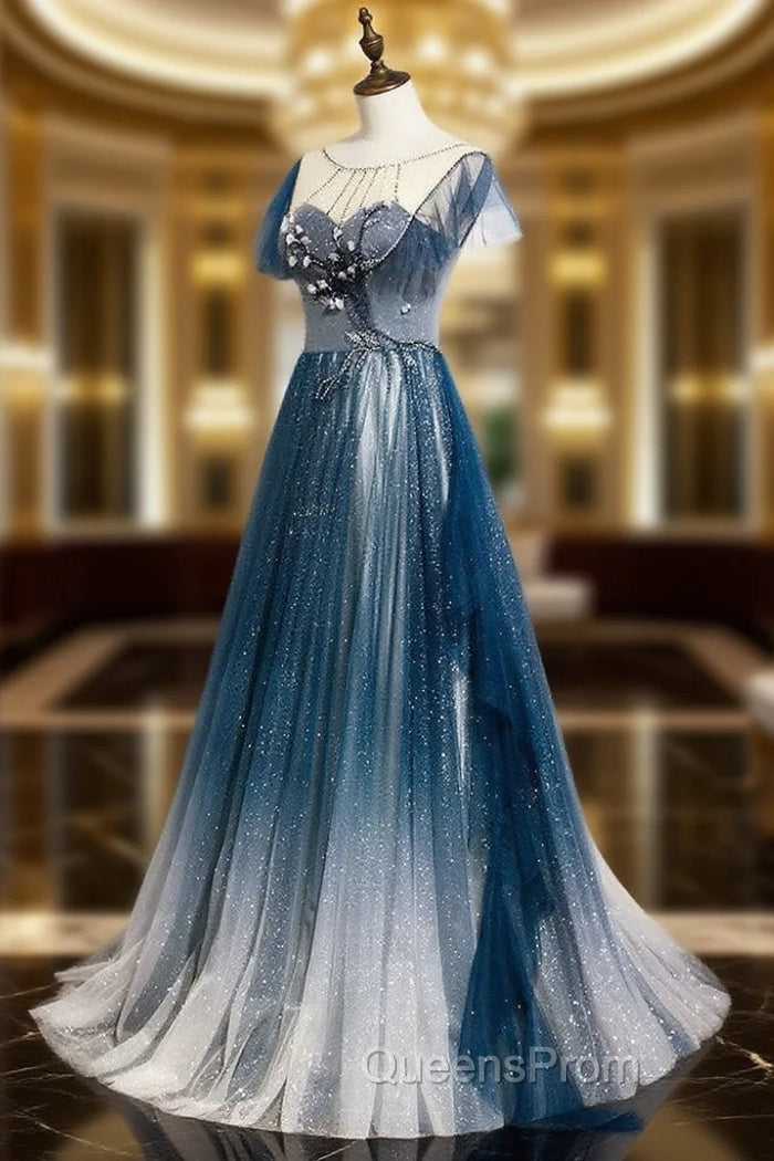 Blue Tulle Long Evening Prom Dress, Blue Beads Long Evening Dress Main image