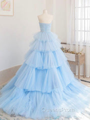 Blue Tulle Long Evening Prom Dress, Blue Tulle Ball Gown Evening Dress