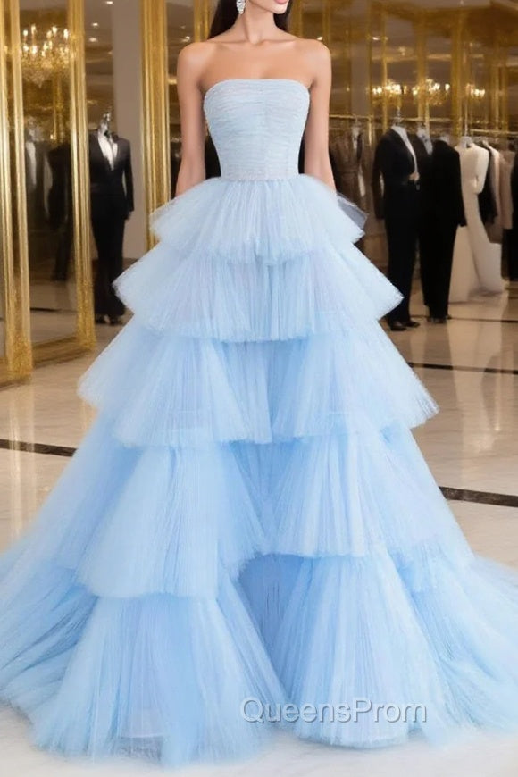 Blue Tulle Long Evening Prom Dress, Blue Tulle Ball Gown Evening Dress Main image
