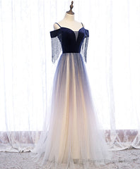 Blue Tulle Long Prom Dress Blue Tulle Formal Dress with Beading Velvet