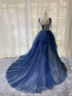 Blue Tulle Long Evening Prom Dress, Blue Tulle Long Evening Dress
