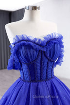 Blue Tulle Long Evening Prom Dress, Off the Shoulder Evening Party Dress