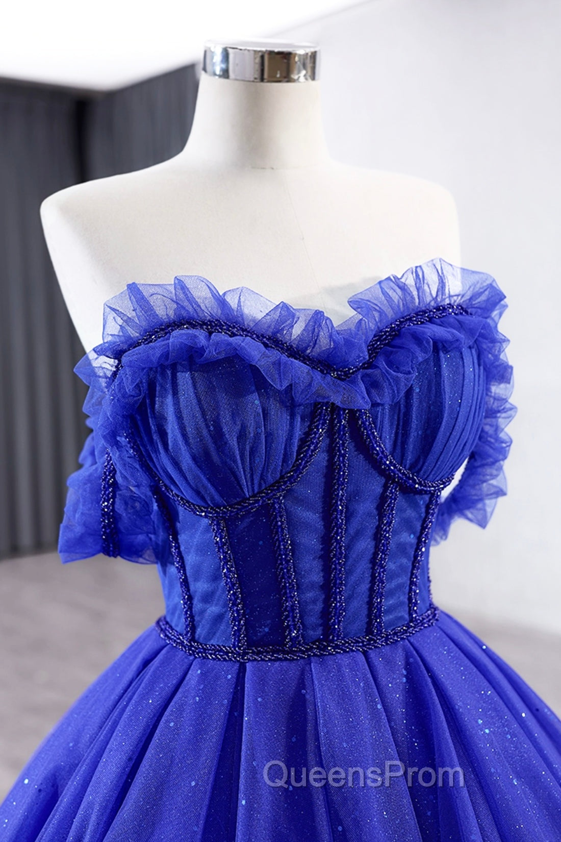 Blue Tulle Long Evening Prom Dress, Off the Shoulder Evening Party Dress