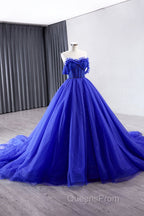 Blue Tulle Long Evening Prom Dress, Off the Shoulder Evening Party Dress