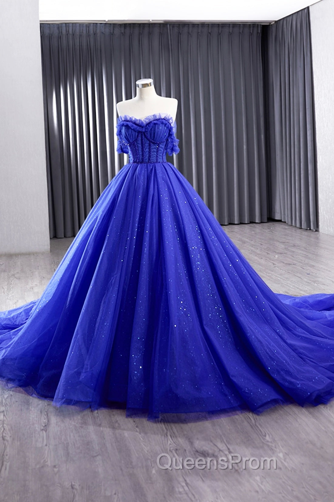 Blue Tulle Long Evening Prom Dress, Off the Shoulder Evening Party Dress