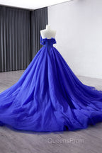Blue Tulle Long Evening Prom Dress, Off the Shoulder Evening Party Dress