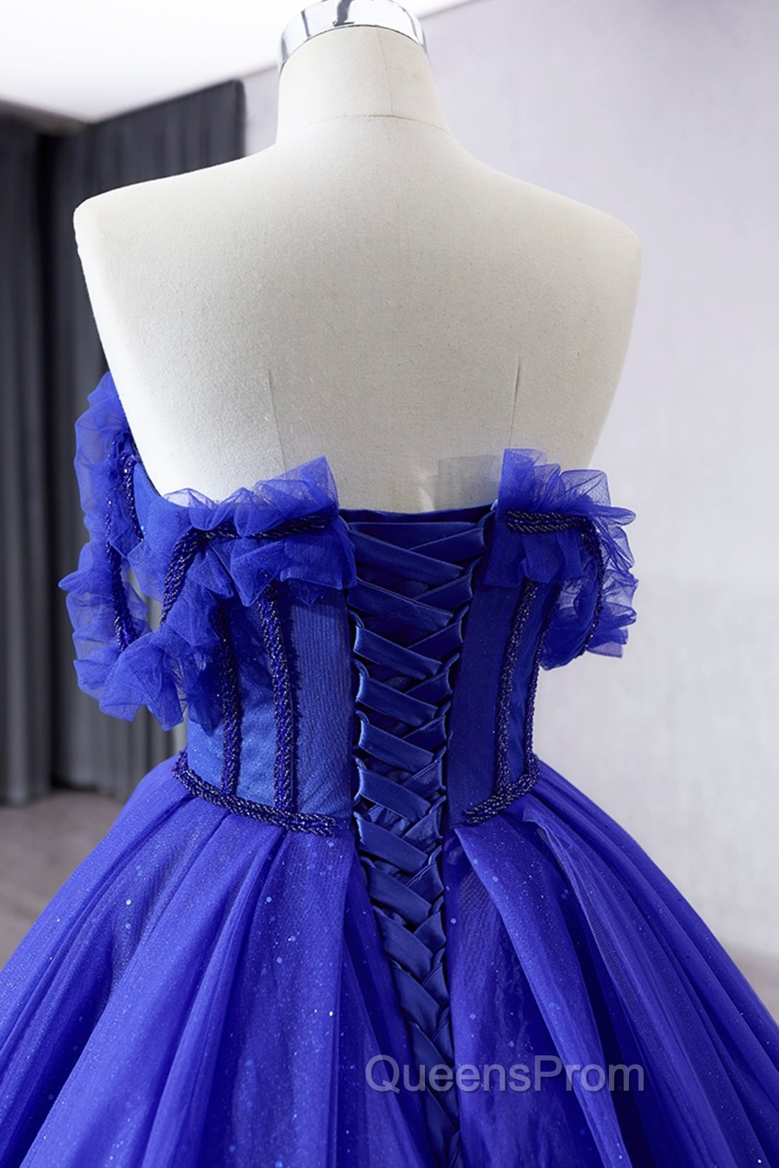 Blue Tulle Long Evening Prom Dress, Off the Shoulder Evening Party Dress