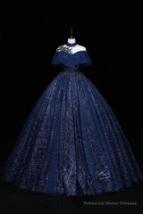 Blue Tulle Long Prom Dress with Sequins, A-Line Blue Formal Dress