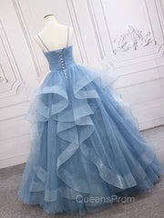 Blue Tulle Long Evening Prom Dress, Blue Tulle Evening Dress Sweet 16 Dress