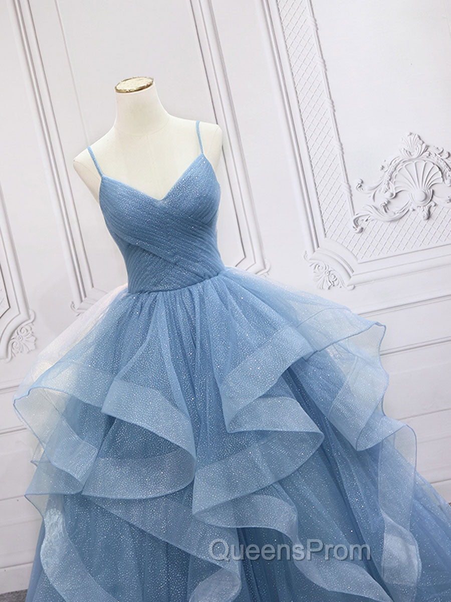 Blue Tulle Long Evening Prom Dress, Blue Tulle Evening Dress Sweet 16 Dress